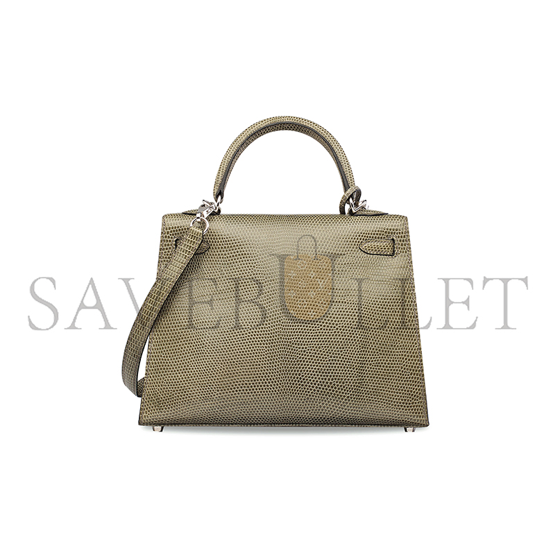 HERMÈS MASTER A SHINY LIZARD KELLY 25 GREY HEMP ROPE WITH SILVER BUCKLE (25*17*7cm)